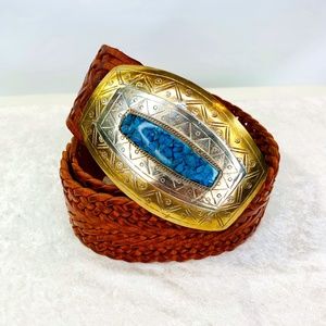 Chico's Brown Leather Braided Belt with Faux Turquoise Buckle Detail